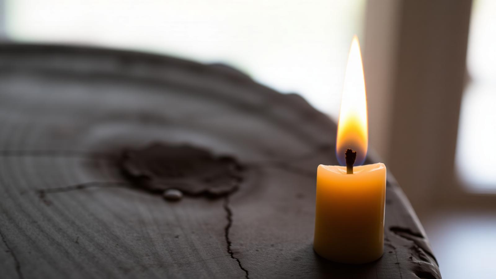 A single lit beeswax taper candle close-up on dark wood with a warm flame.