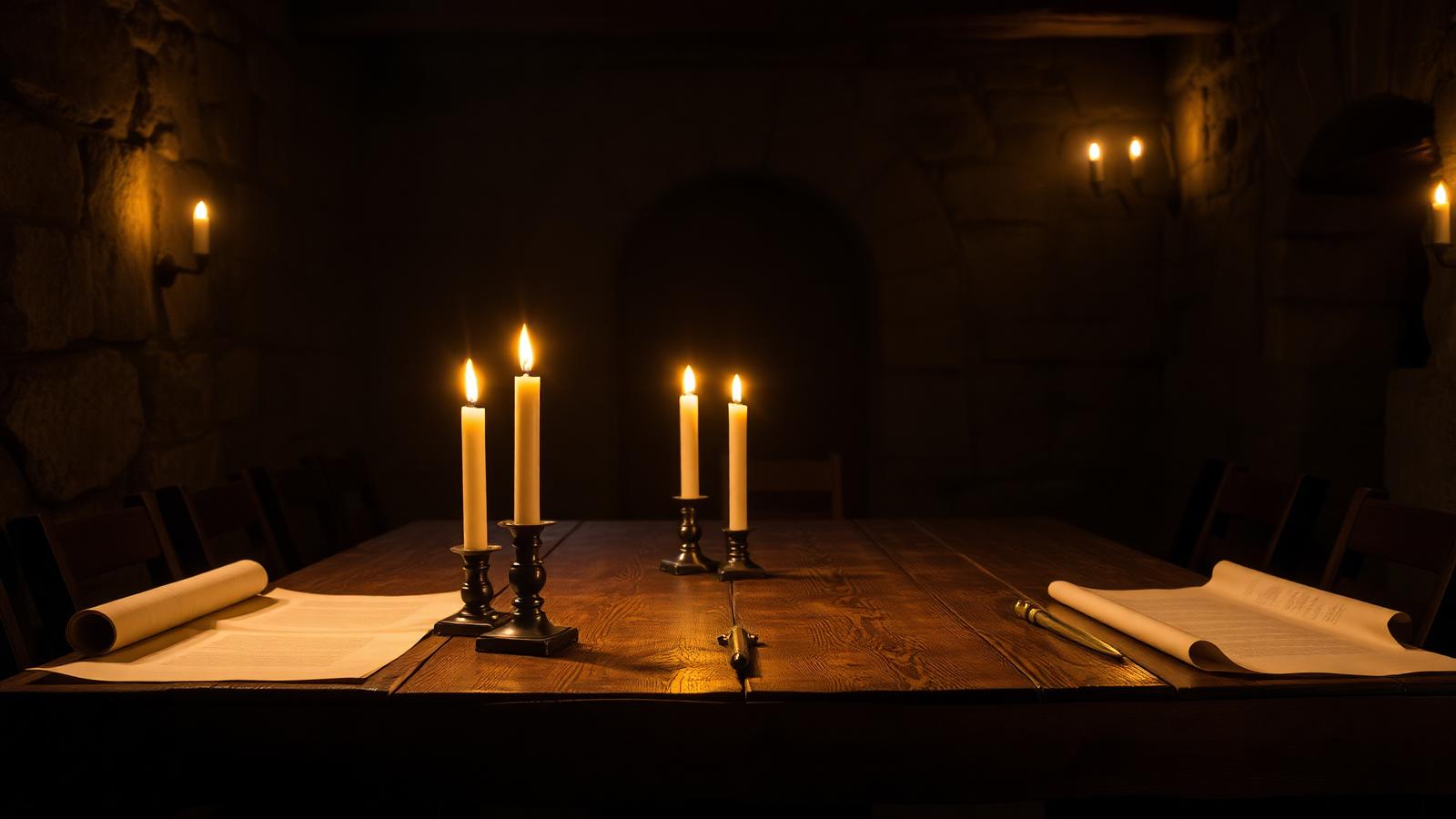 Candlelit medieval table with beeswax tapers, blank parchment scrolls and stone walls in shadow.