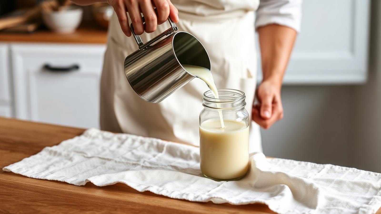 Hands pouring molten soy wax from a stainless steel jug into a clear glass jar on a linen cloth.