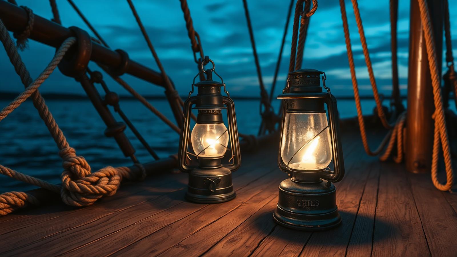 Two vintage oil lanterns glowing on the wooden deck of a sailing ship at dusk.